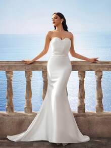 Váy cưới đuôi cá Baroque thanh lịch không dây bằng vải satin bóng quyến rũ có đuôi, màu trắng cho cô dâu trong đám cưới ngoài trời - trắng - Xem 8