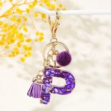 1 móc khóa chữ cái đầu màu tím, quả bóng lông nhỏ có tua rua, móc khóa chữ cái bằng nhựa cho túi xách và ba lô của phụ nữ - Quà tặng phụ kiện thời trang - Nhiều màu - Xem 16