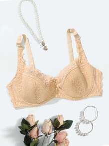 Große Größen Damen Beige BH, ultradünne Tasse sexy Spitzen Dessous, gerafft, läuterndes Verlangen, durchsichtig, Unterbügel-BH