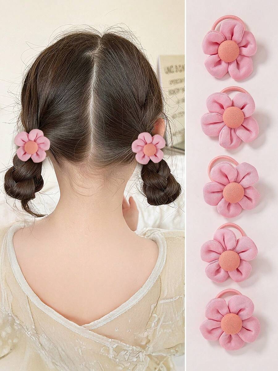 5 cái/bộ dây buộc tóc co giãn vải hoa màu hồng cho bé gái, phụ kiện tóc dễ thương, thích hợp sử dụng hàng ngày - Nhiều màu - Xem 1