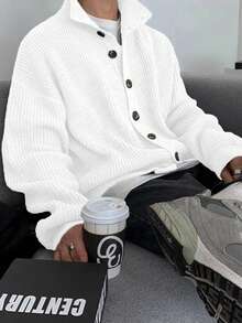 男女通用秋冬保暖宽松休闲针织马球领开衫，纽扣长袖落肩毛衣 - 白色 - 查看 1