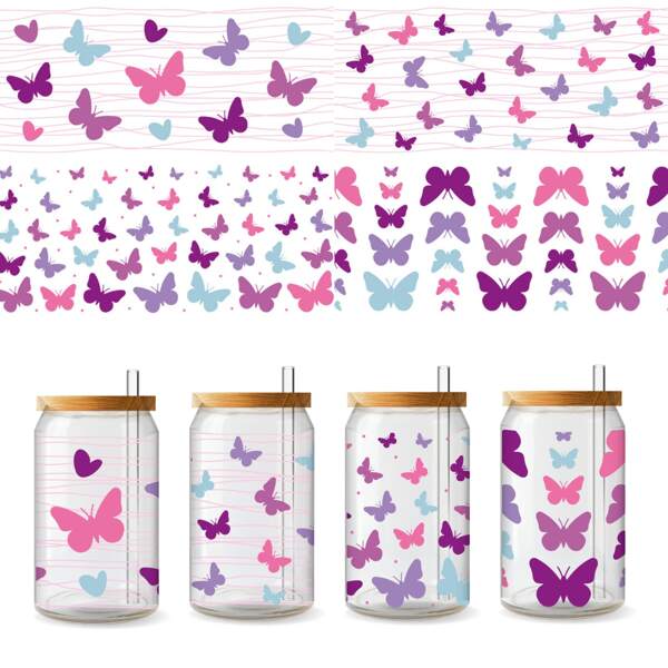 4 piezas de pegatinas de la serie de mariposas púrpura rosado UV DTF para hoja de pegatinas resistente al agua para taza de vidrio de 16 onzas, tazas decorativas, útiles escolares, manualidades y suministros de arte DIY, pegatinas de transferencia para decoración de habitaciones, hogar y paredes