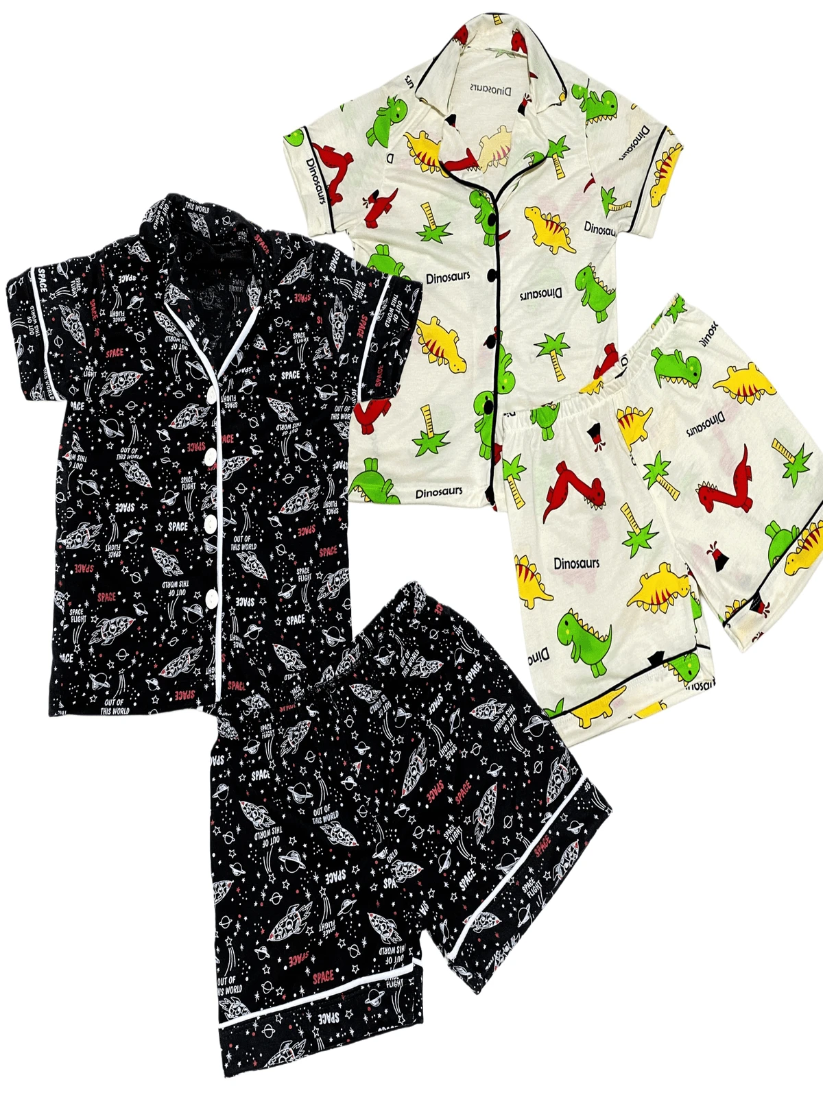 Kit 2 Children's Pajamas For American Boys Toddler Baby Blouse And Shorts With Buttons Summer Short With Collar Various Prints Comfortable Mesh For Sleeping Sizes 2 To 10 - 黑與白 - 查看 1