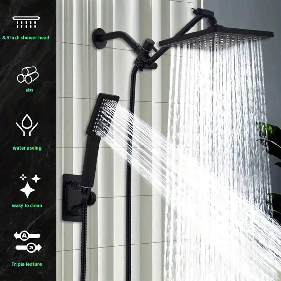 1 Upgraded 8" Square Rain Shower Head Set With 10"; Extension Arm, Handheld Sprayer, Wall-Mounted Switch Valve Control, Leak-Proof Adjustable Plastic Shower System, Matte Black - No Electricity Required - 2-piece Set - View 1
