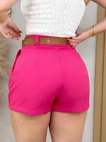 Women's Tailored Shorts With Belt - Elegance And Comfort - 玫紅色 - 查看 2