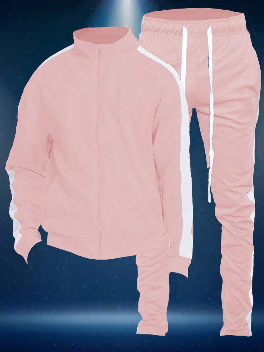 Homme Mens 2 Pc Light Weight Side Stripe Two Piece Co-Ord Track Jacket And Track Pant Set Ankle Zipper - Pink White - View 1