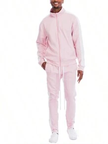Homme Mens 2 Pc Light Weight Side Stripe Two Piece Co-Ord Track Jacket And Track Pant Set Ankle Zipper - Pink White - View 2
