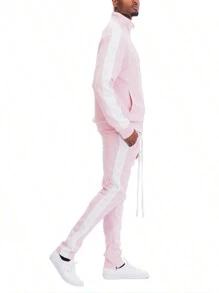 Homme Mens 2 Pc Light Weight Side Stripe Two Piece Co-Ord Track Jacket And Track Pant Set Ankle Zipper - Pink White - View 3