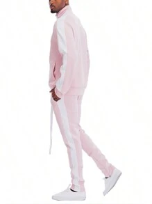 Homme Mens 2 Pc Light Weight Side Stripe Two Piece Co-Ord Track Jacket And Track Pant Set Ankle Zipper - Pink White - View 4
