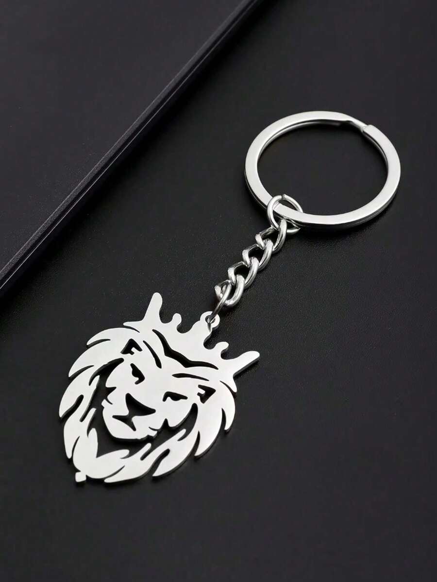 1 Stück Herren Silber-Ton Europäischer & Amerikanischer Stil Edelstahl Kette mit Löwenkopf Anhänger, Punk Hip Hop Stil Edelstahl Tier Schlüsselanhänger, geeignet für täglichen Gebrauch als Auto Accessoire, Taschenbehang, Rucksack Charm für Schule, süßer Goth Y2k