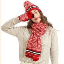 4pcs/Set Snowflake Pattern Knitted Hat, Scarf, Gloves And Socks Set, Christmas & Winter, Red