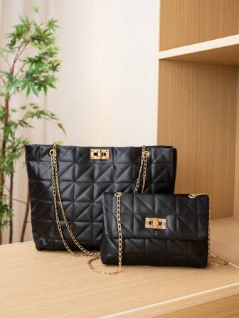 Set Of Fashionable Women Bags: 1 Mother-Daughter Quilted Tote Bag & 1 Crossbody Bag, Stylish All-Match Design