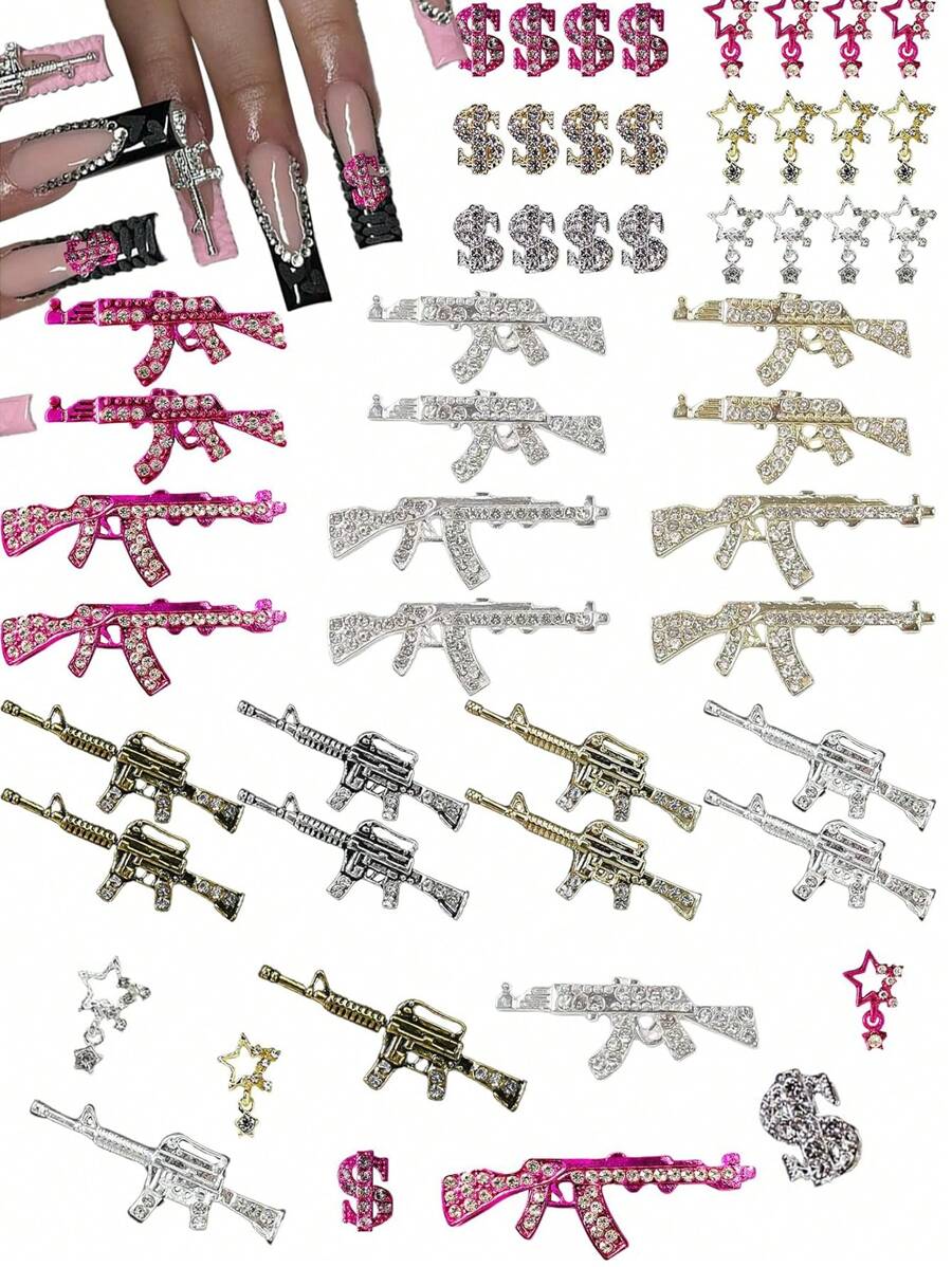 10个枪形美甲装饰，奢华合金水钻枪形美甲钉，适用于亚克力美甲配件 - 紫色 - 查看 1