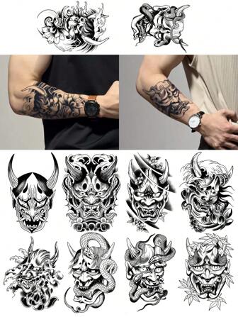 1 件般若日式临时纹身防水防汗持续 1-2 周逼真草本汁不反光防摩擦仿黑色假纹身男女纹身贴纸适用于手臂、胸部、腰部、背部、腹部、腿部、颈部、手指、耳朵现代人体艺术