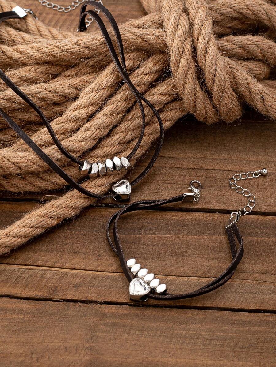 1 dây chuyền + 1 vòng tay, Bộ trang sức nữ, Phong cách cao bồi miền Tây cổ điển, Đính hạt hình trái tim hai lớp, Thích hợp để đeo hàng ngày & Làm quà tặng cho bộ vòng cổ & vòng tay nữ - bộ vòng tay vòng cổ - Xem 1