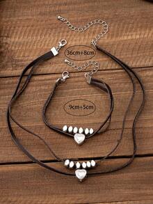 1 dây chuyền + 1 vòng tay, Bộ trang sức nữ, Phong cách cao bồi miền Tây cổ điển, Đính hạt hình trái tim hai lớp, Thích hợp để đeo hàng ngày & Làm quà tặng cho bộ vòng cổ & vòng tay nữ - bộ vòng tay vòng cổ - Xem 4