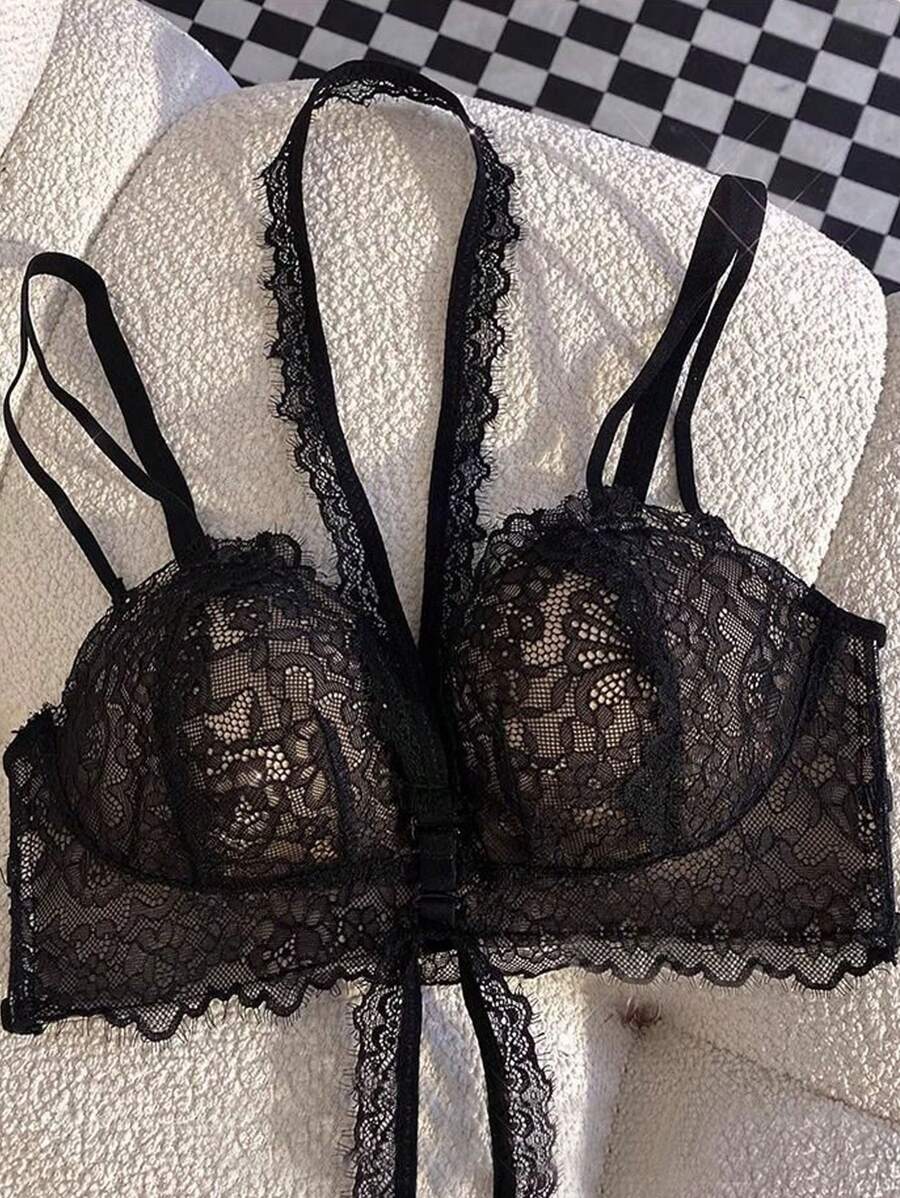 New Sexy Backless Lace Halter Wireless Lingerie Bra With Adjustable Strap, For Smaller Bust, Black - Black - View 1