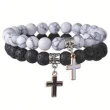 2pcs/4pcs/6pcs Classic Men's Beaded Cross Pendant Bracelet Set, Casual Daily Wear, Gift For Boyfriend, Husband, Father, Son