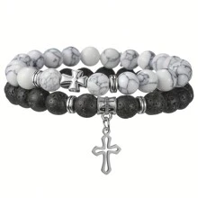 2pcs/4pcs/6pcs Classic Men's Beaded Cross Pendant Bracelet Set, Casual Daily Wear, Gift For Boyfriend, Husband, Father, Son