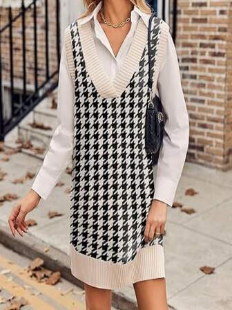 Plus Size Women's Sweater Geometric Striped Pattern V Neck Sleeveless Top Dress For Casual Commute Elegant Women's Apparel Tops