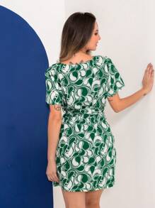 Short Printed Dress With Tie Belt - Verde - Ver 7