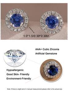 1 对经典圆形方晶锆石女式耳钉适合女孩订婚婚礼耳环节日旅行日常装饰约会礼物 - 藍色 - 查看 3