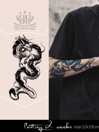 1pc Herbal Juice Semi-Permanent Magic Tattoo Sticker, Classic Oriental Dragon Design For Men & Women, Festival Gift, 14-Day Non-Fading, Non-Reflective, Large Body Arm & Chest Temporary Tattoo