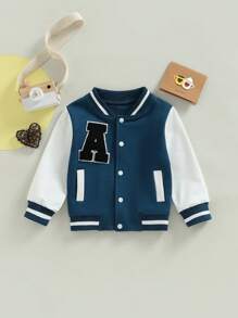 Chaquetas de béisbol para niños y niñas, de 12 M a 5T, con estampado de letras, color en contraste, manga larga, botones delanteros, abrigo de otoño e invierno. - Azul - Ver 1