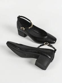 New Fashion Mary Jane Single Strap Square Toe Women High Heel Pumps - Black - View 6