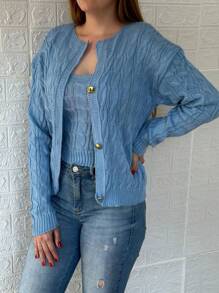 Winter Braided Coat And Tank Top - 3 Button Knit Twin Set - Knit Set - Baby Blue - View 2