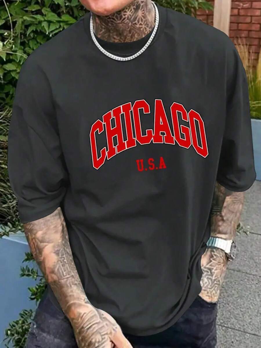 Men's CHICAGO Streetwear T-Shirt 100% Cotton Skate Street Style In Premium Mesh - 深灰色 - 查看 1