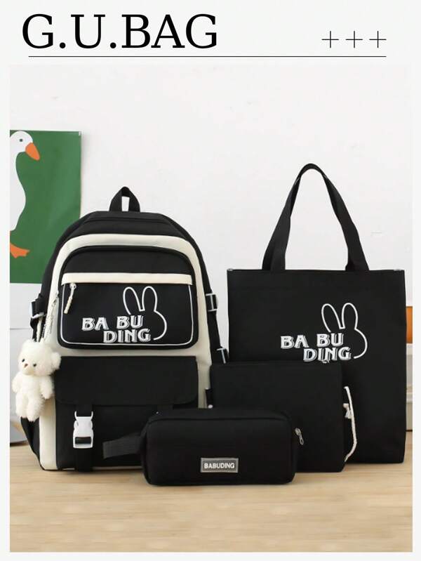 Ensemble de sacs à dos en canevas de 4 pièces avec grande capacité, poches multiples et pendentif, tendance, sac scolaire pratique avec étui à crayons, sac scolaire avec pochette pour femmes, filles et étudiants. Capacité importante, imperméable, léger, portable, classique, décontracté, avec étui à stylo, à la mode, simple, mignon et pratique.