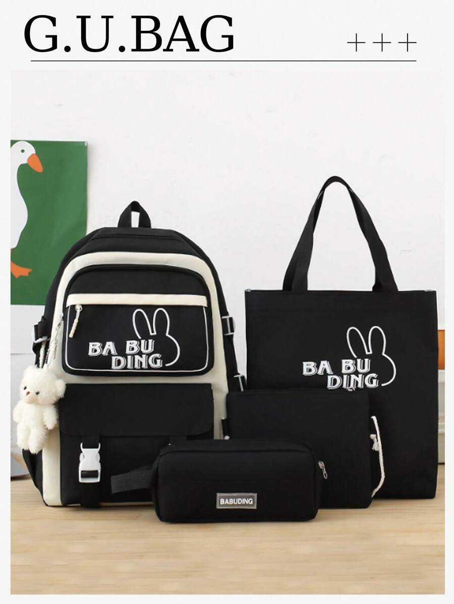 4pcs/Set Fashionable Simple & Cute Style Large Capacity Multi-Pocket Practical Blue Canvas Backpack Bag, For Ladies' Daily Work, Casual Day Out, Travel, With Shoulder Straps, Hand Strap, Pen Case & Pendant Decoration, Student Bag Sets With Pencil Case, School Bag With Pouch For Women