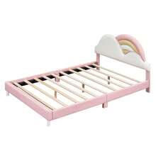 okwish lit enfant okwish 90x200cm, 140x200cm, lit simple, lit d'adolescent, lit rembourré, forme unique, tête de lit nuage arc-en-ciel, sommier à lattes en bois massif, PU, ​​rose (sans matelas)