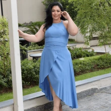 Women's Plus Size Midi Wrap Skirt Set, Cropped Halter Neck, Tie Back, Long Dress Style Set, Casual Social - Màu xanh lam - Xem 9