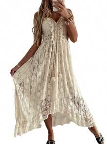 Summer Dresses For Women 2025 Boho Lace Sleeveless Spaghetti Straps Beach Vacation Flowy Maxi Sun Dress - Beige - View 1