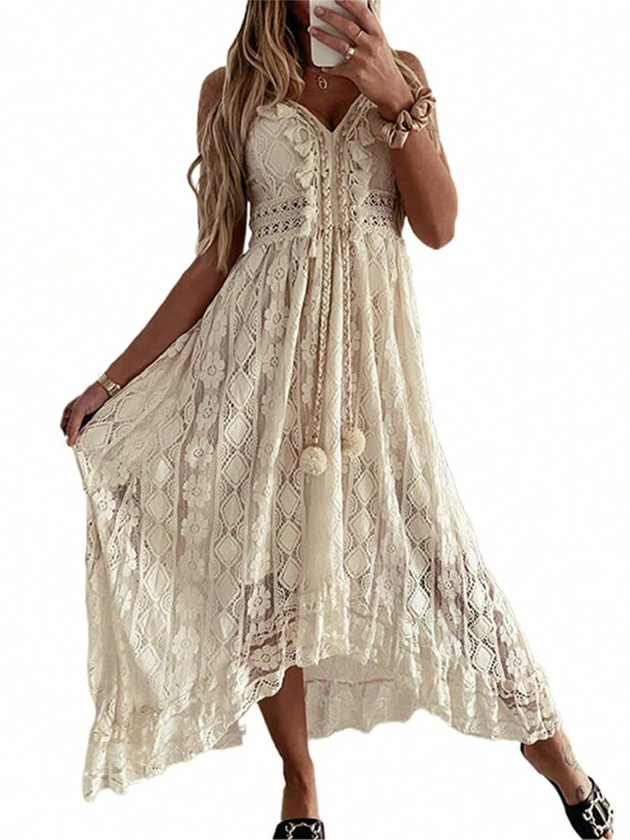 Summer Dresses For Women 2025 Boho Lace Sleeveless Spaghetti Straps Beach Vacation Flowy Maxi Sun Dress - Beige - View 1