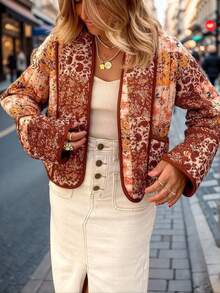 Cozy Women's Button Front Quilted Jacket Featuring A Vibrant All Over Botanical Print And Drop Shoulder Design - 紅白色 - 查看 3