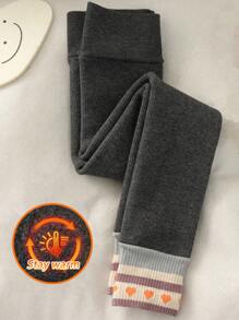 1 peça leggings térmicas com estampa de coração listrado bicolor para meninas, outono e inverno, confortáveis, macias e modernas, adequadas para uso diário ou presentes de feriado