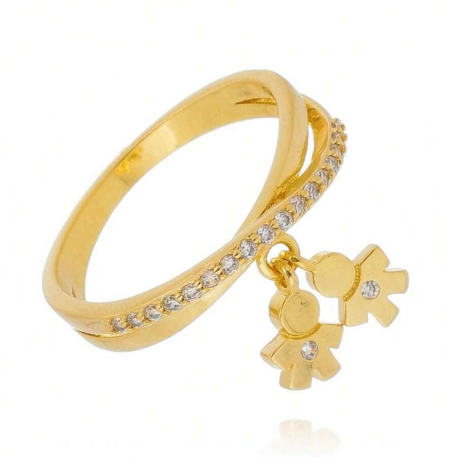 18K GOLD PLATED RING WITH TWO DOLLS AND ZIRCONIA STUDDED - 金色 - 查看 1