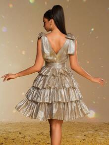 Smilprince Charming Gold Tiered Short Dress With Deep V-Neck And Bow Shoulder Straps, Elegant Party, Prom Dress For Women, Formal Evening Gown Semi Formal Wedding Guest Dress, For Birthday, Graduation, Homecoming