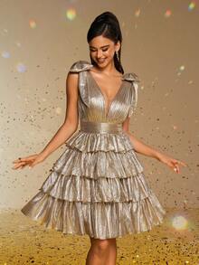 Smilprince Charming Gold Tiered Short Dress With Deep V-Neck And Bow Shoulder Straps, Elegant Party, Prom Dress For Women, Formal Evening Gown Semi Formal Wedding Guest Dress, For Birthday, Graduation, Homecoming