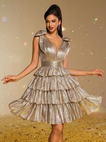 Smilprince Charming Gold Tiered Short Dress With Deep V-Neck And Bow Shoulder Straps, Elegant Party, Prom Dress For Women, Formal Evening Gown Semi Formal Wedding Guest Dress, For Birthday, Graduation, Homecoming