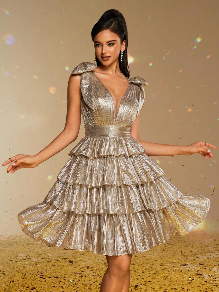 Smilprince Charming Gold Tiered Short Dress With Deep V-Neck And Bow Shoulder Straps, Elegant Party, Prom Dress For Women, Formal Evening Gown Semi Formal Wedding Guest Dress, For Birthday, Graduation, Homecoming