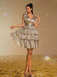 Smilprince Charming Gold Tiered Short Dress With Deep V-Neck And Bow Shoulder Straps, Elegant Party, Prom Dress For Women, Formal Evening Gown Semi Formal Wedding Guest Dress, For Birthday, Graduation, Homecoming