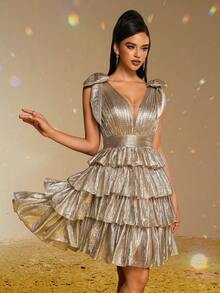 Smilprince Charming Gold Tiered Short Dress With Deep V-Neck And Bow Shoulder Straps, Elegant Party, Prom Dress For Women, Formal Evening Gown Semi Formal Wedding Guest Dress, For Birthday, Graduation, Homecoming