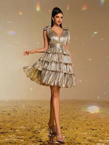 Smilprince Charming Gold Tiered Short Dress With Deep V-Neck And Bow Shoulder Straps, Elegant Party, Prom Dress For Women, Formal Evening Gown Semi Formal Wedding Guest Dress, For Birthday, Graduation, Homecoming