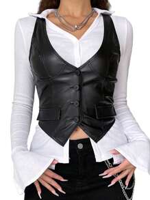 Womens Vest Leather V Neck Sleeveless Button Closure Design Slim Fit Breathable Versatile Tank Tops - màu đen - Xem 1