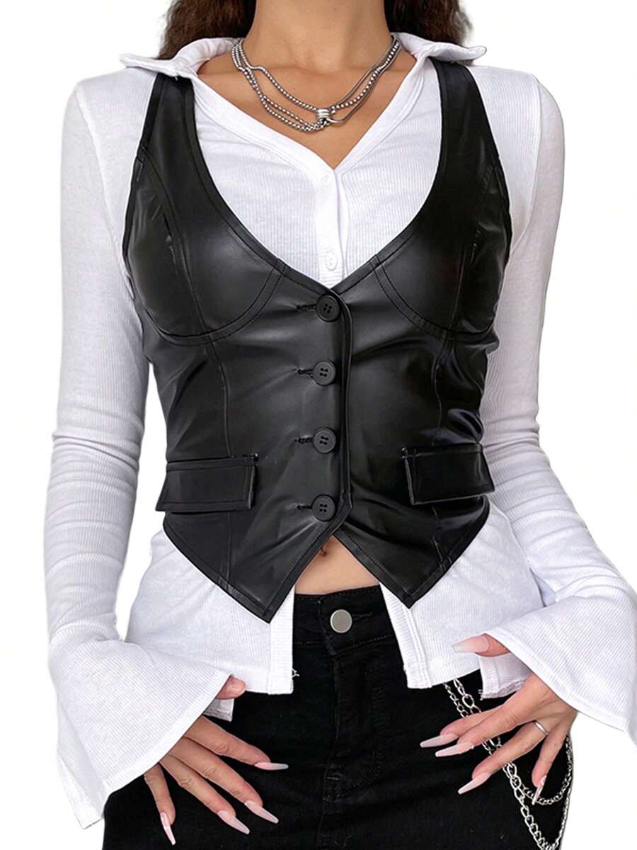 Womens Vest Leather V Neck Sleeveless Button Closure Design Slim Fit Breathable Versatile Tank Tops - màu đen - Xem 1