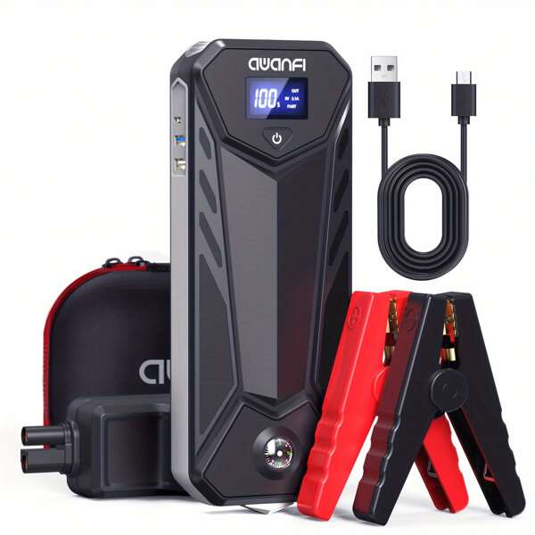 AWANFI Avviatore di emergenza 3000A, Avviatore di emergenza a batteria Batteria di avviamento portatile Scatola di avviamento di emergenza da 12 V per motori a gas fino a 10,0 litri o motori da 8,0 litri con ricarica rapida USB, torcia a LED